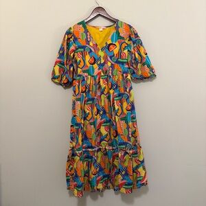 Briton Court Cotton Midi Dress Size M Abstract Geometric Multi-Color Puff Sleeve